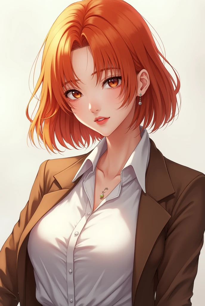 (Masterpiece:1.4), (best quality:1.2), yoo sangah, 1girl, white shirt, brown jacket, orange hair, upper body, showing boobs