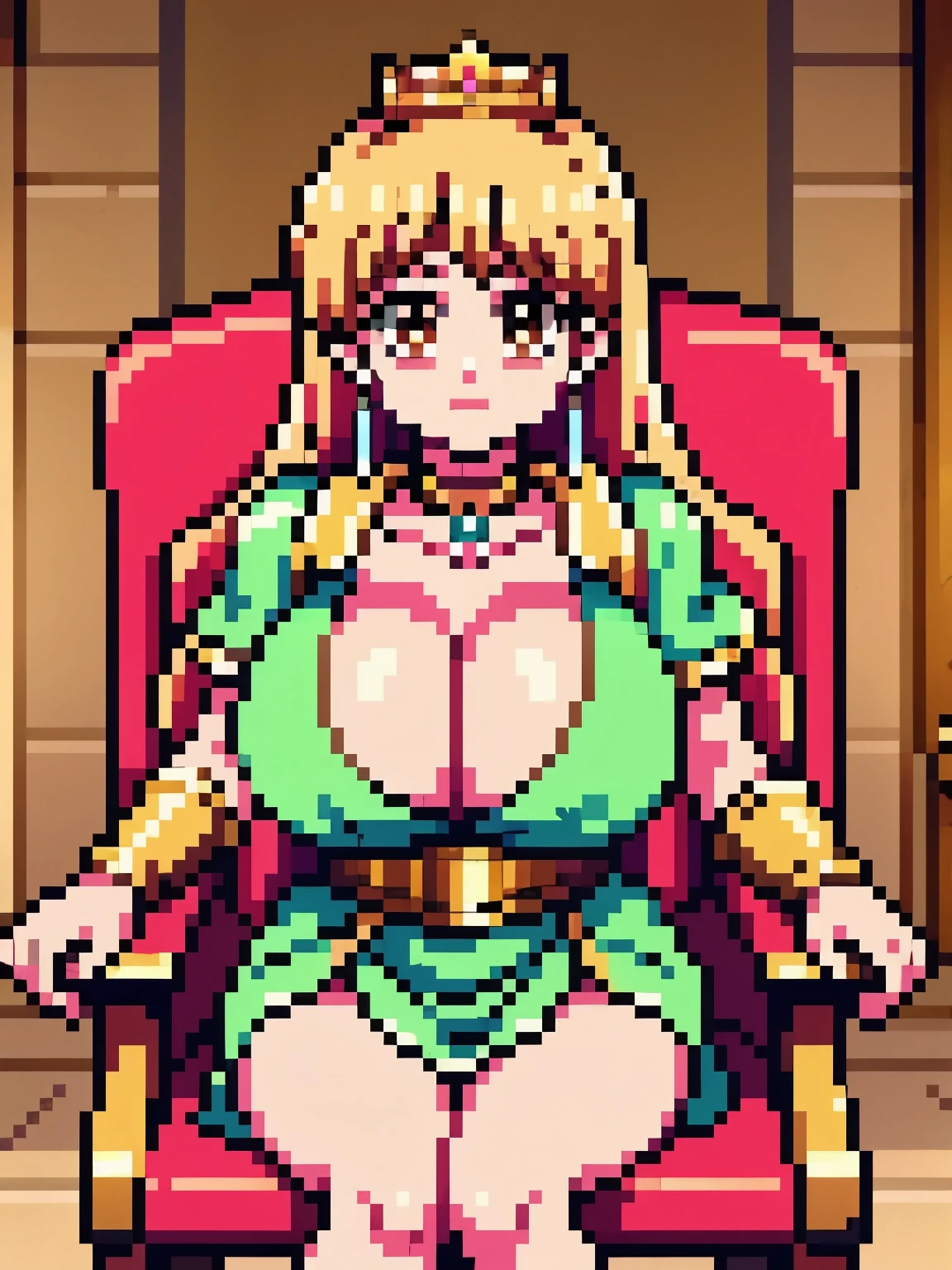 (masterpiece, highest quality:1.2, 8k yen, Ultra-high resolution), RAW Photos, Professional Lighting, Cinema Lighting, 1 girl, alone, Leona, Dragon Quest:dai no daibouken, (blonde, Long Hair, Brown eyes, hair ornaments, bangs), ((brass Circlet, choker, earrings, golden armor pads:2.0, Earrings, golden hair pin, white robe, green dress, Golden belt, golden bracelet, cloak)), ((((ultra huge breasts, ultra huge cleavages, ultra huge tits, ultra huge boob)))), Big eyes, ((indoors, ultra realistic interior of medieval castle, ultra detailed interior of medieval castle, marble floor, red carpet)), (Ultra Slim Waist, Ultra slim model body style), Highly detailed face, Highly detailed eyes, (directly front view), full body shot, (sitting on the magnificent & gorgeous queen chair:2.0), (nsfw:1.5),