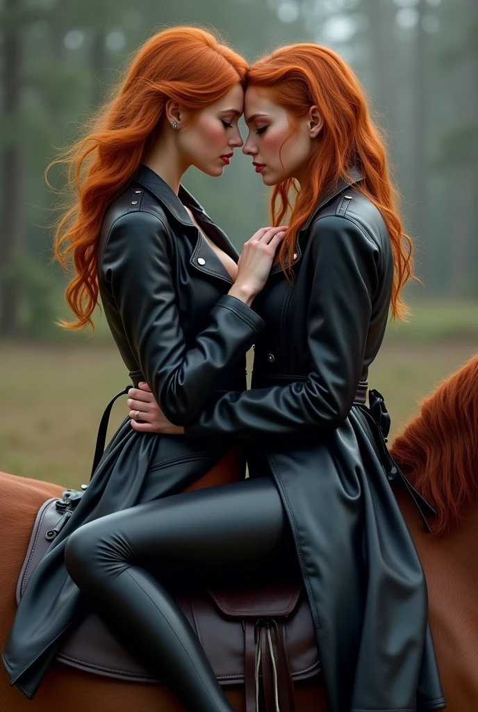 A ginger girl in black leather trench coat and pants with her head on the shoulders of her shy girlfriend that sits on her thigh on a horse, taking a realistic photo while hugging and touching boobs and licking neck