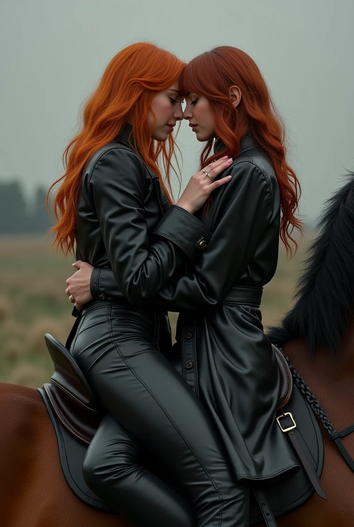 A ginger girl in black leather trench coat and pants with her head on the shoulders of her shy girlfriend that sits on her thigh on a horse, taking a realistic photo while hugging and touching  and licking neck