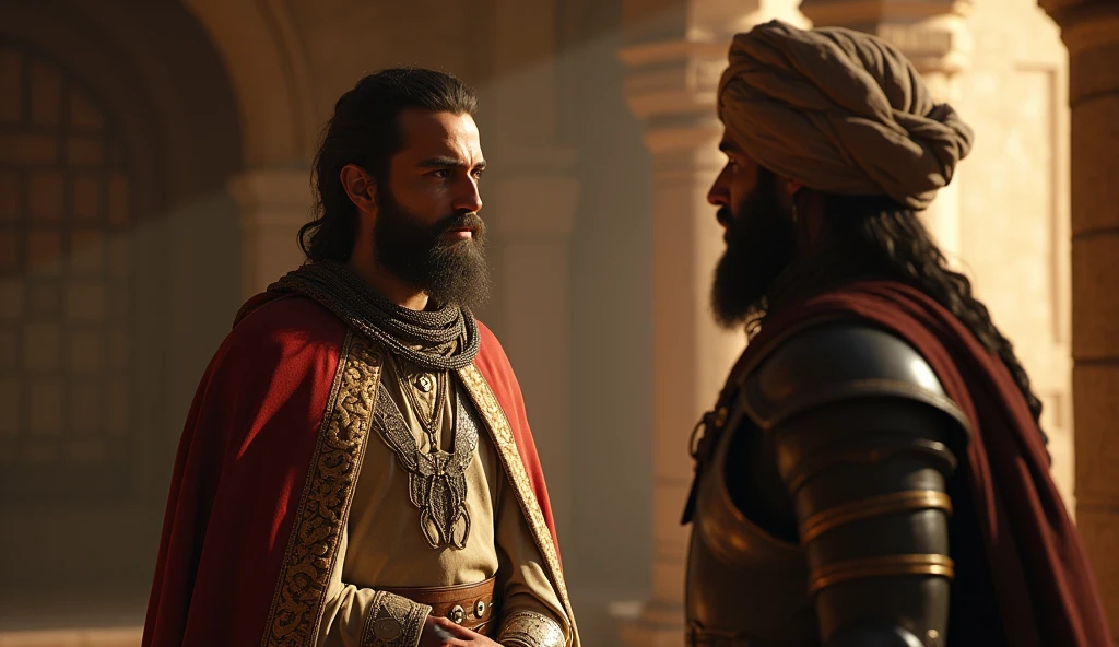 Create an epic, cinematic scene of Julian’s interaction with Thariq bin Ziyad, both depicted in period-accurate attire. Julian should be wearing Visigothic noble clothing, while Thariq is dressed in traditional Islamic warrior garb, including a turban and armor. The two figures are engaged in a significant dialogue, with expressions that reflect the weight of their conversation. The background features a grand, historical setting, such as a dimly lit chamber or an open landscape with ancient architecture. The lighting is dramatic, with soft shadows and warm highlights that accentuate the details of their clothing and expressions. Epic color grading adds depth and richness to the scene, making it feel both historically accurate and visually captivating."