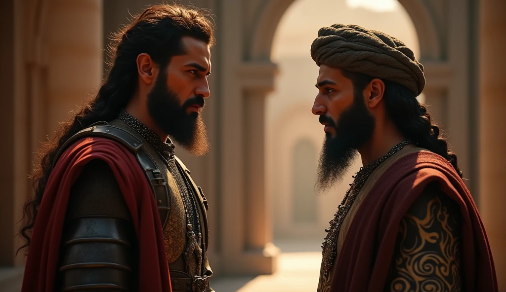 Create an epic, cinematic scene of Julian’s interaction with Thariq bin Ziyad, both depicted in period-accurate attire. Julian should be wearing Visigothic noble clothing, while Thariq is dressed in traditional Islamic warrior garb, including a turban and armor. The two figures are engaged in a significant dialogue, with expressions that reflect the weight of their conversation. The background features a grand, historical setting, such as a dimly lit chamber or an open landscape with ancient architecture. The lighting is dramatic, with soft shadows and warm highlights that accentuate the details of their clothing and expressions. Epic color grading adds depth and richness to the scene, making it feel both historically accurate and visually captivating."