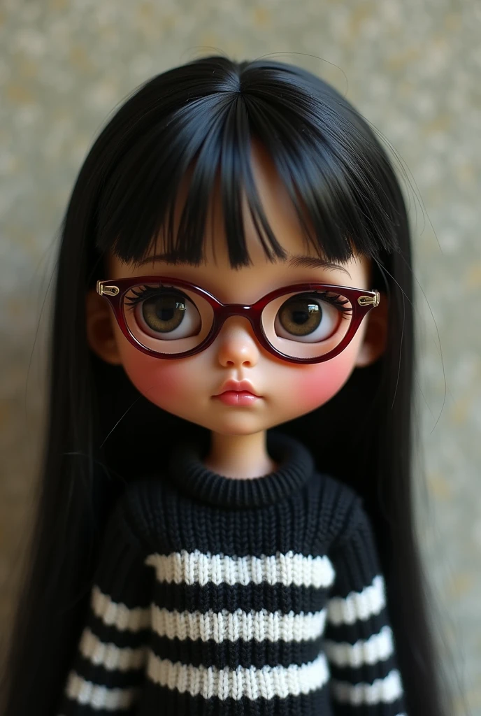 blythe doll, light brown skin, straight black hair down to the back, maroon glasses , black and white striped sweater . no hair on forehead .