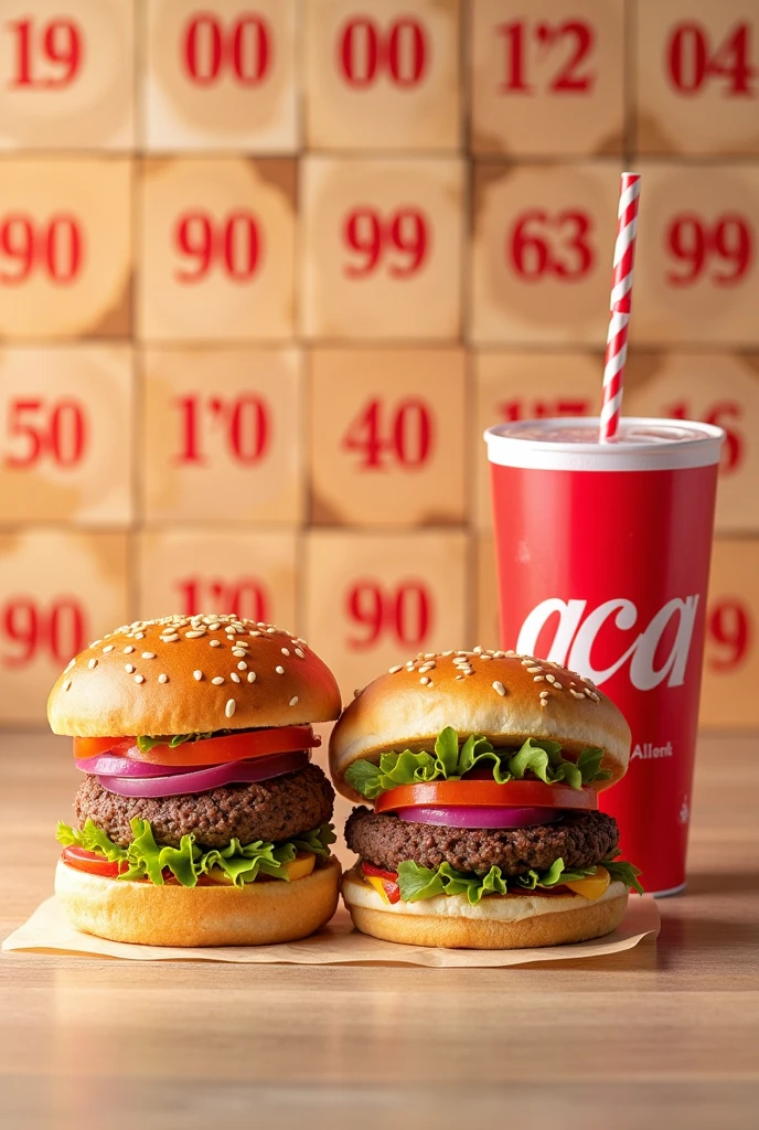 Promotional image for a raffle of 2 hamburgers and a 1-ounce soft drink.5 liters with a box where the numbers 00 to 99 are each in order and in a box and that between all the boxes they form a larger square 