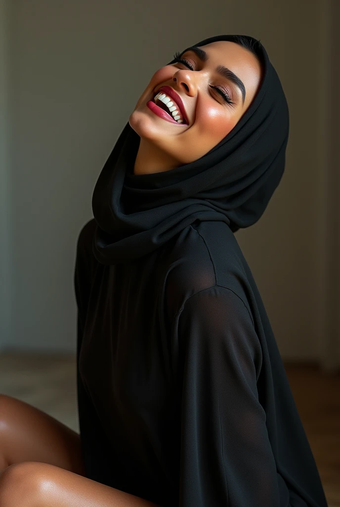 (photorealism:1.2), sexy arabic woman in hijab laughing, wet, realistic, posing legs spread, body shot, showing ass