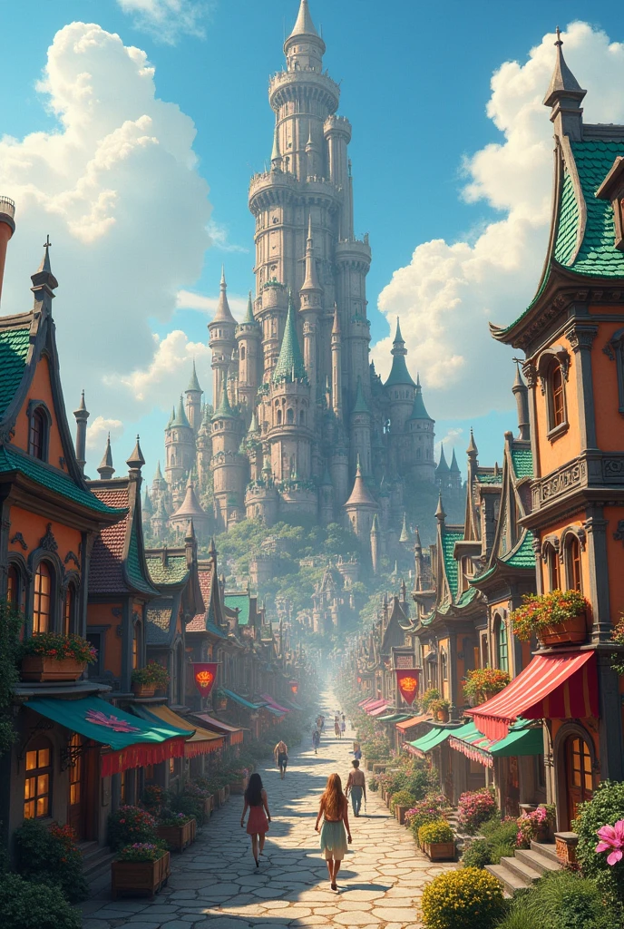 A beautiful prospering fantasy city, with only one tall tower right in the middle of the town