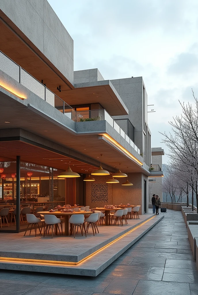 Fast food outdoor design in the city of Tehran, Iran, with a cold climate, in the style of Iranian modern architecture