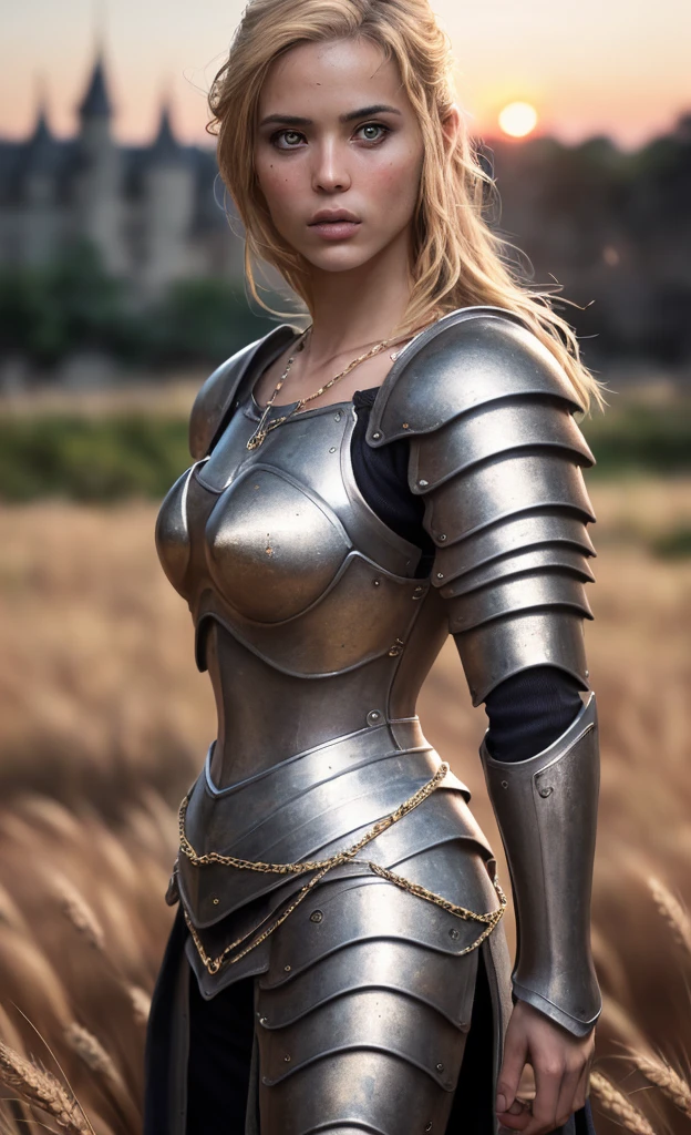 (work of art), (extremely complex:1.3), (realisitic), portrait of a , the most beautiful in the world, (medieval armor), metallic reflections, trunk, plein-air, Strong Sunlight, far away castle, professional photography of a stunning woman detailed, sharp focus, Dramatic, awardwinning, cinematic lighting, octane render unreal engine, volumetric dtx, (film grain, nblurry background, blurry foreground, bokeh, Depth of field, sunset, motion-blur:1.3), Chain mail