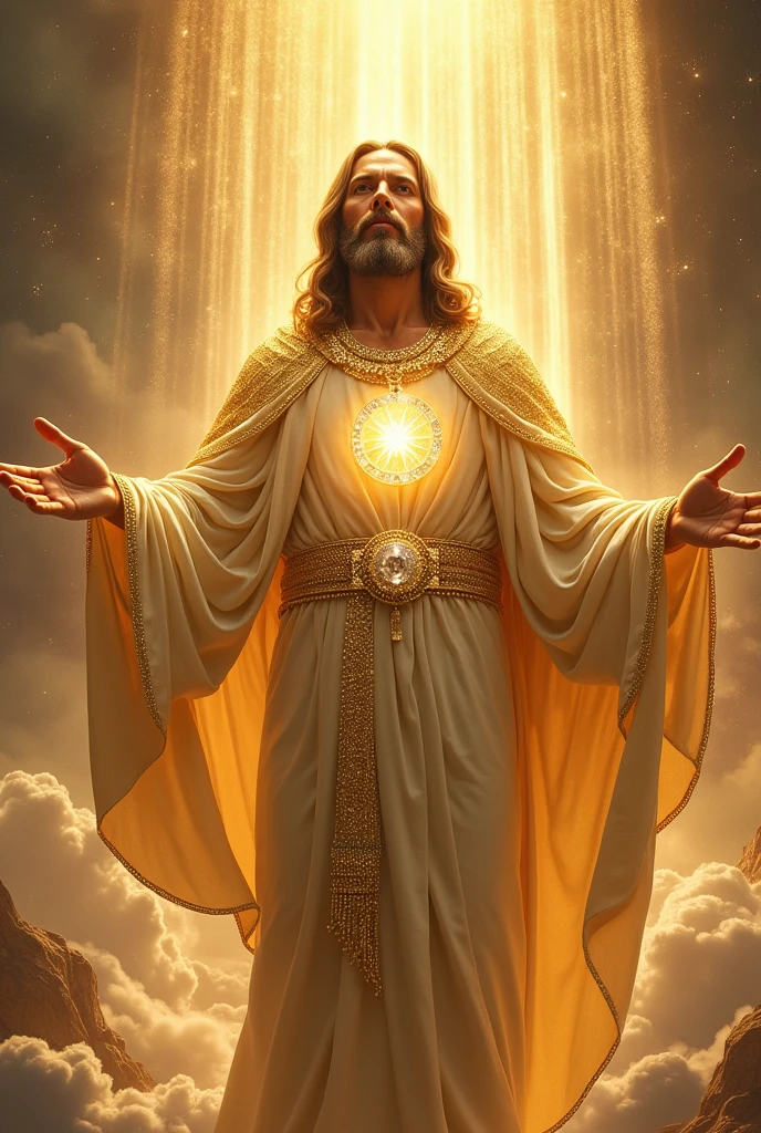 A beautiful Jesus is a very beautiful figure dressed in diamond gold Create the most beautiful professional photos Make photo like god pouring gold diamond from sky A beautiful diamond chain should be worn by GodIt is as if God holds a world in His hands Create the most beautiful background in this world by creating the most beautiful photo model