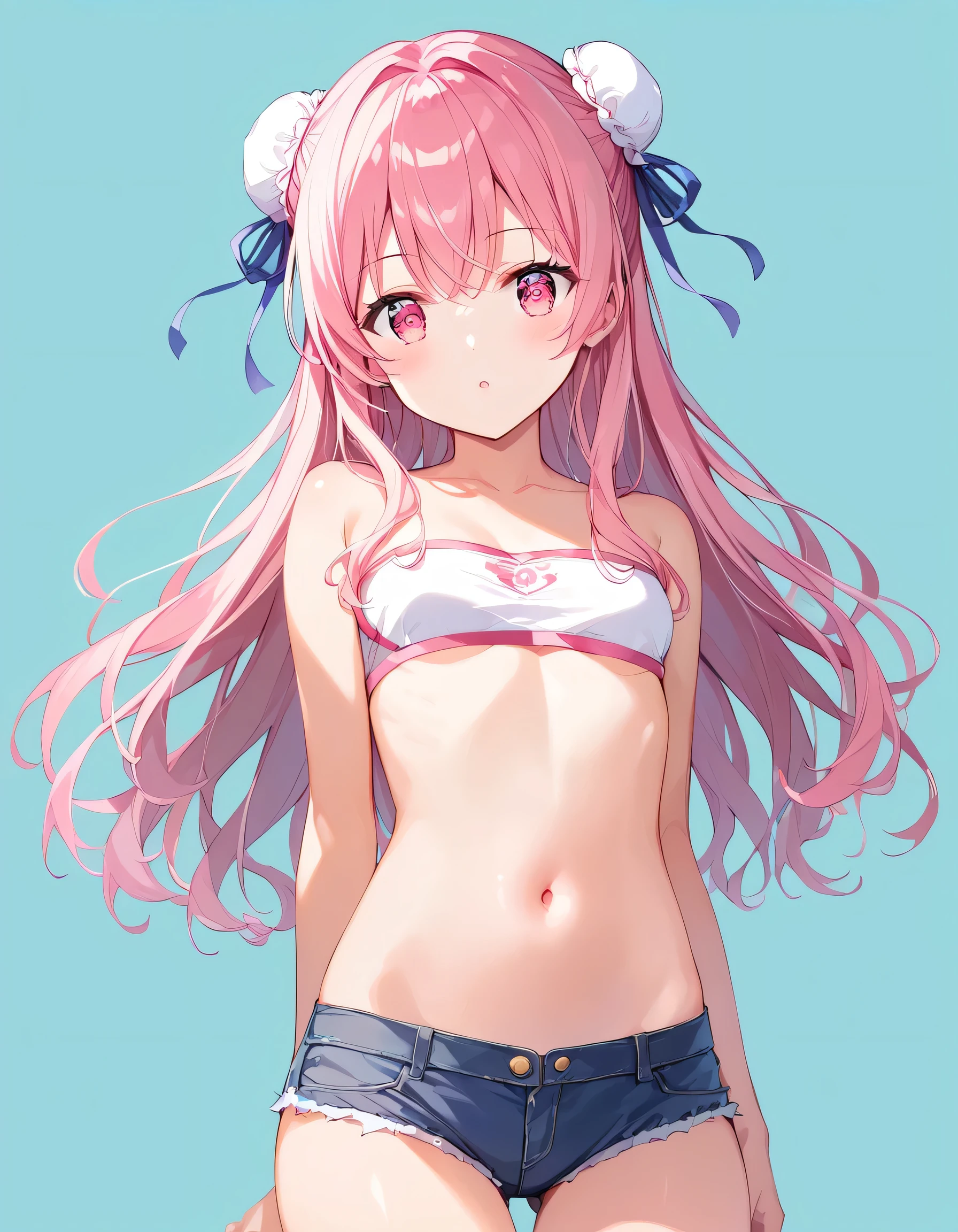 ((masterpiece))、(((Highest quality)))、((Super detailed))、((An illustration))、Attention to detail、Highly detailed CG unity 8k、High resolution、Beautiful Attention to detail、Attention to detail、Beautiful Attention to detail, (White Hair Ribbon:0.4), Pink Eyes,(((White bun hair))),(((Pink long hair))),(Small breasts),score_9, score_8_upper, score_7_upper,sauce_アニメ, High resolution images,masterpiece,Highest quality,girl,Cute Face,Beautiful Skin,Shiny Hair,Highly detailed eyes,Simple Background, hot pants,