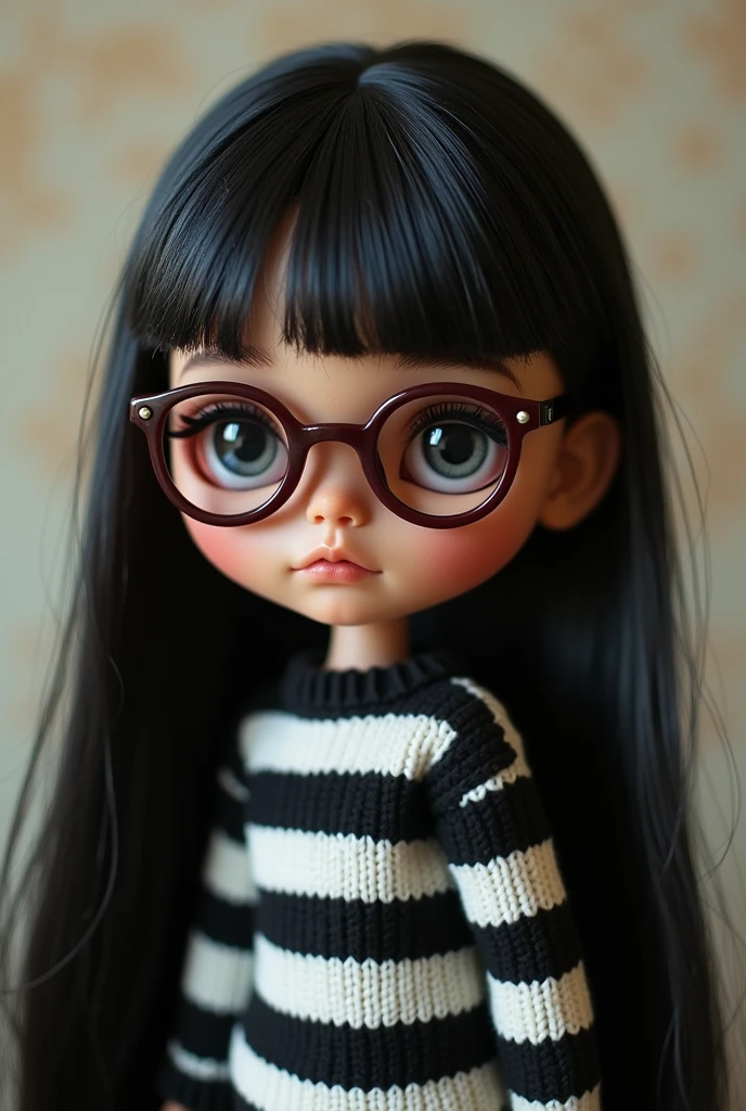 blythe doll, light brown skin, straight black hair down to the back, maroon glasses , black and white striped sweater . no hair on forehead .