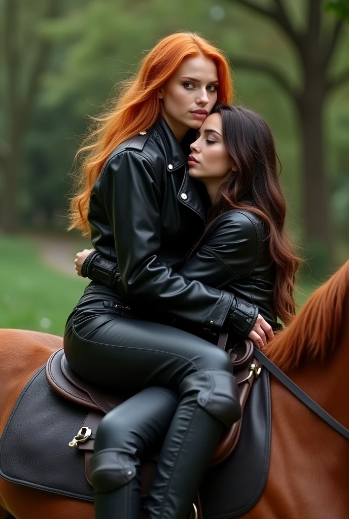 A ginger girl in black leather trench coat and pants with her head on the shoulders of her shy girlfriend that sits on her thigh while riding a horse, taking a realistic photo while hugging and touching boobs and licking neck