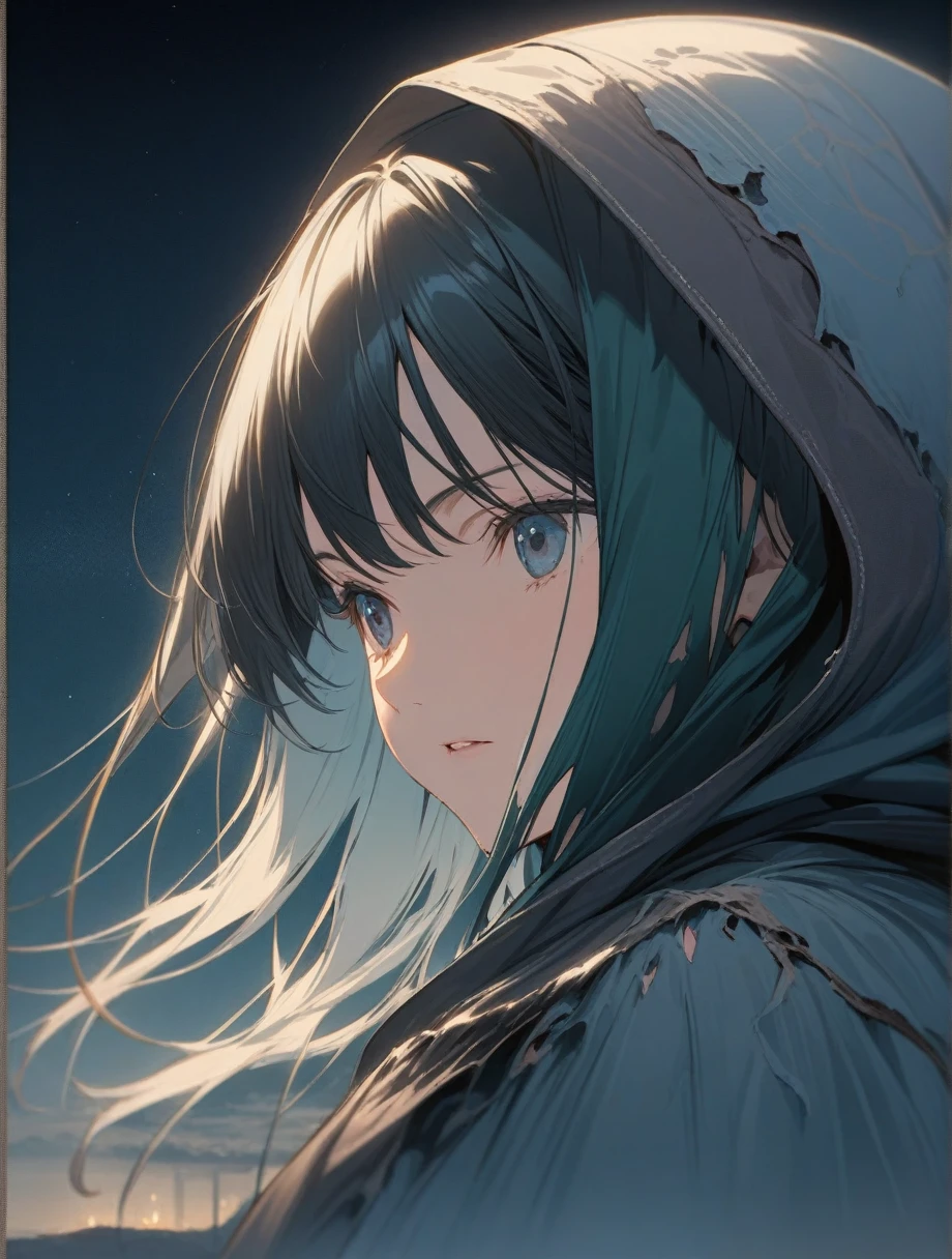 score_9, score_8_up, score_7_up, score_anime, masterpiece, top quality, delicate illustration, sharp lines, sharp focus, BREAK, a traveling girl wandering in the endless night world, the girl wears a hood and has a lot of stuff in her backpack, night , fantastic landscape, beautiful scenery, harmony with nature, spectacular view, space city, (((torn clothes))), (((torn hood)))