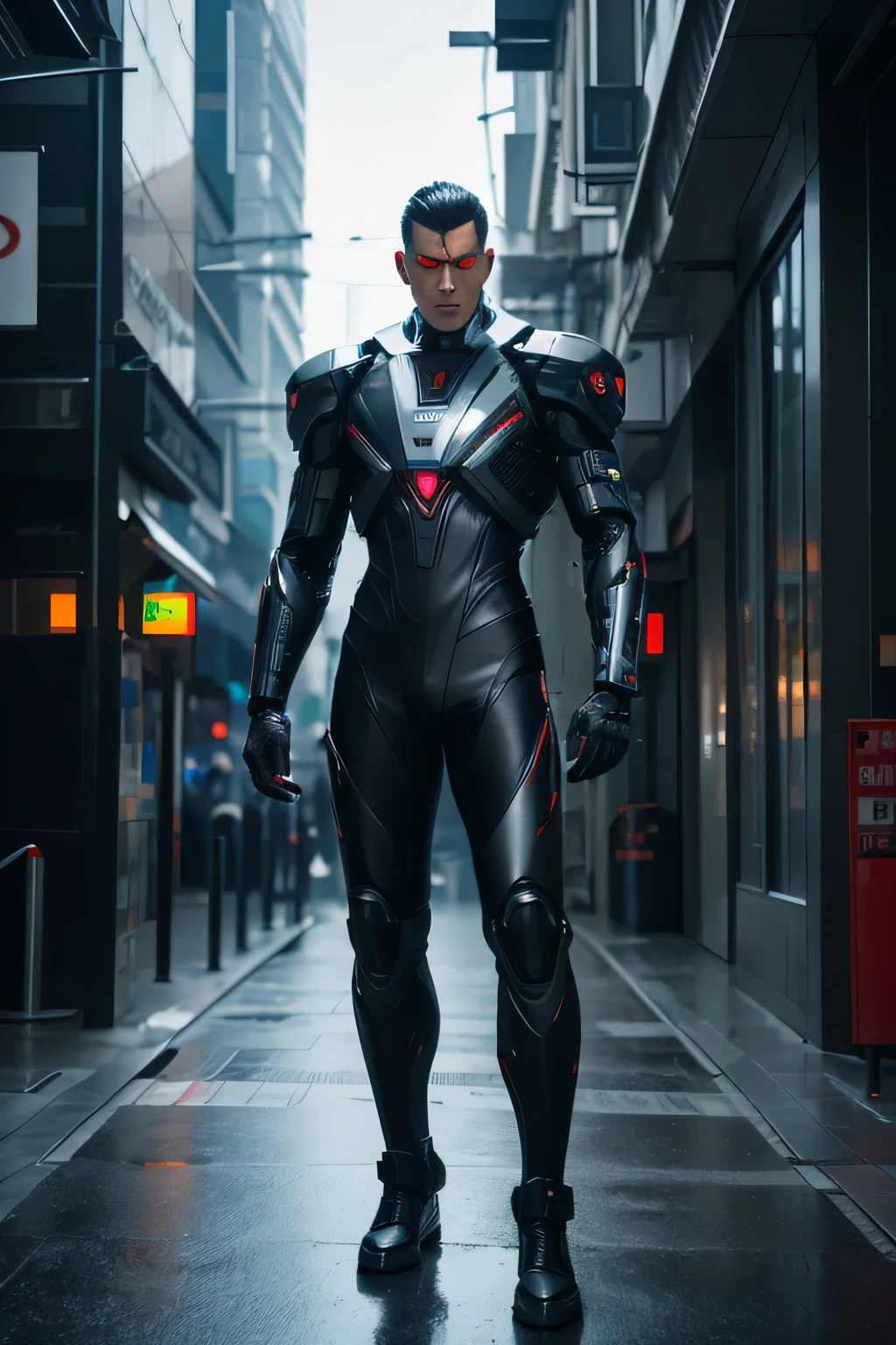 full body view of a man with a futuristic face and a futuristic suit, cyborg male, male cyborg, male cyborg military commander, detailed of a cyborg, male android, symmetry of cyborg, cyberpunk hero, a cyberpunk man