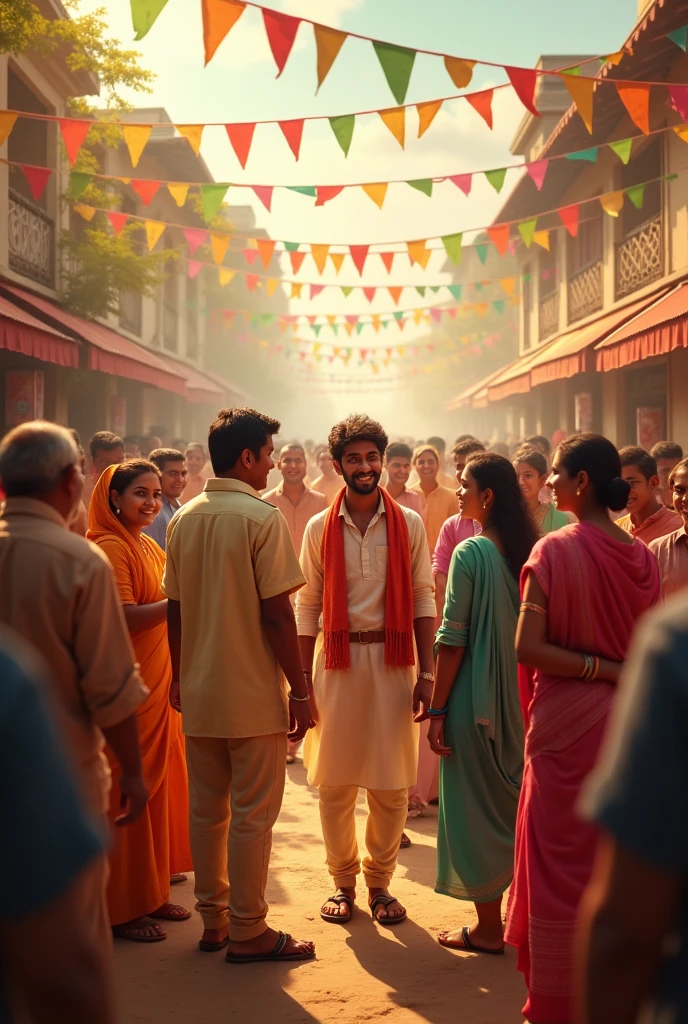 "A scene of the entire village gathered in a festive mood, with children playing and adults chatting happily. Rahul is in the center, surrounded by villagers who are congratulating him. His parents stand beside him, beaming with pride. The village is decorated with colorful flags and the atmosphere is filled with joy and inspiration."