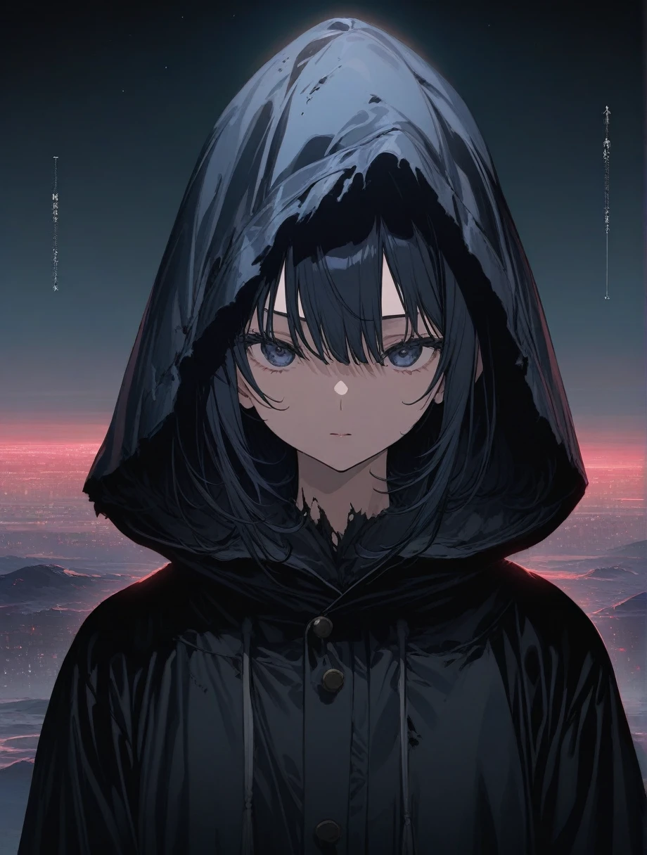 score_9, score_8_up, score_7_up, score_anime, masterpiece, top quality, delicate illustration, sharp lines, sharp focus, BREAK, a traveling girl wandering in the endless night world, the girl wears a hood and has a lot of stuff in her backpack, night , fantastic landscape, beautiful scenery, harmony with nature, spectacular view, space city, (((torn clothes))), (((torn hood)))