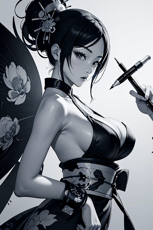 8k、masterpiece、Highest quality、Highest Level、Best image quality、Ink painting style、Black and White、Delicate and accurate expression、modern art、stroke style、Artistic Expression、Great technology、geisha,Oiran,Female ninja,Expressing shadows with precise lines,((Monochrome,The pen strokes are very detailed and dynamic))