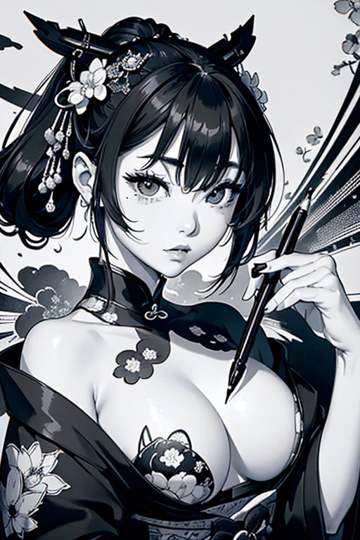 8k、masterpiece、Highest quality、Highest Level、Best image quality、Ink painting style、Black and White、Delicate and accurate expression、modern art、stroke style、Artistic Expression、Great technology、geisha,Oiran,Female ninja,Expressing shadows with precise lines,((Monochrome,The pen strokes are very detailed and dynamic))