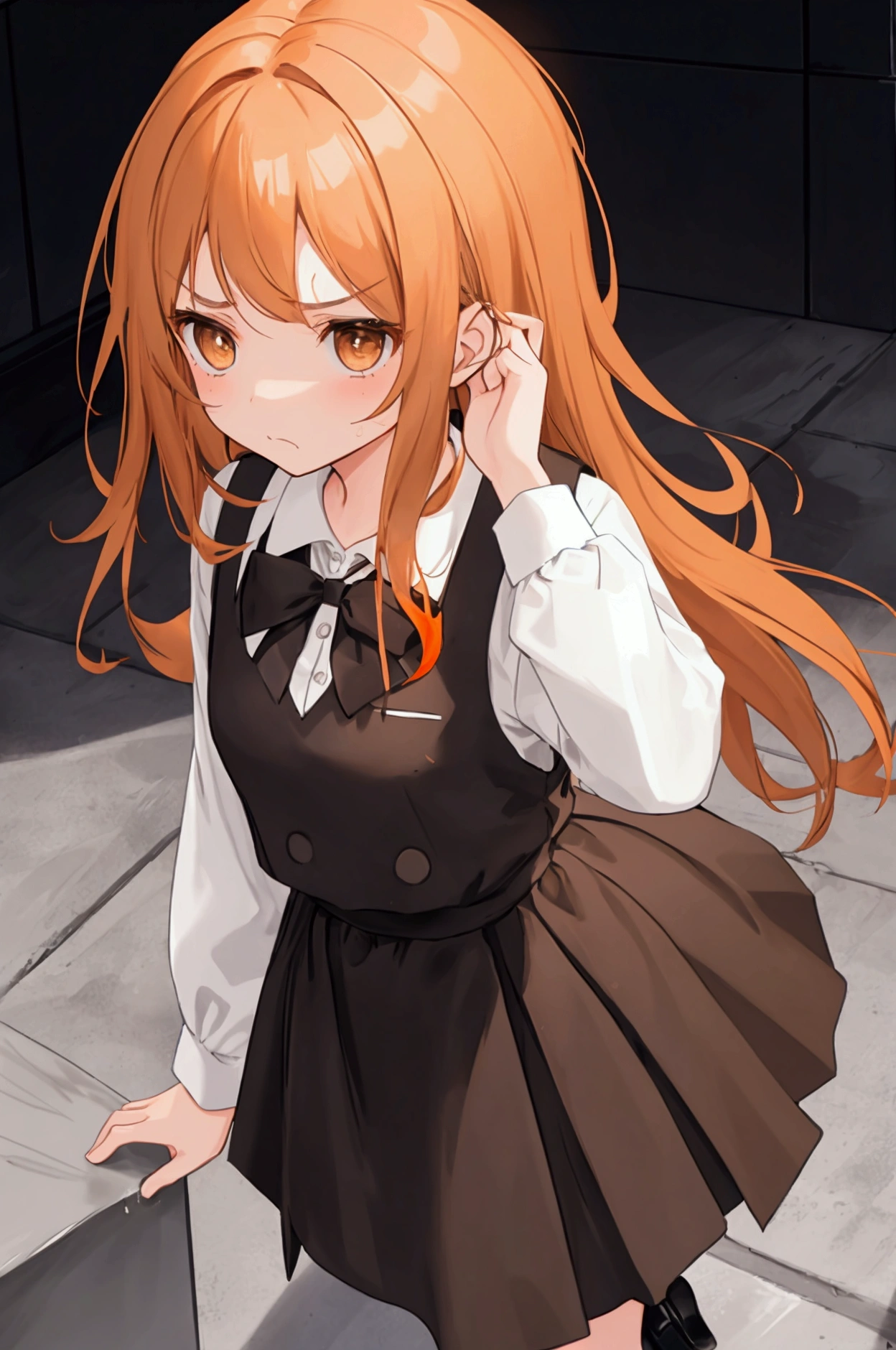 a girl looking frustrated and angry long light brown hair school dress( black and white ) , brown orange hair . brown eyes