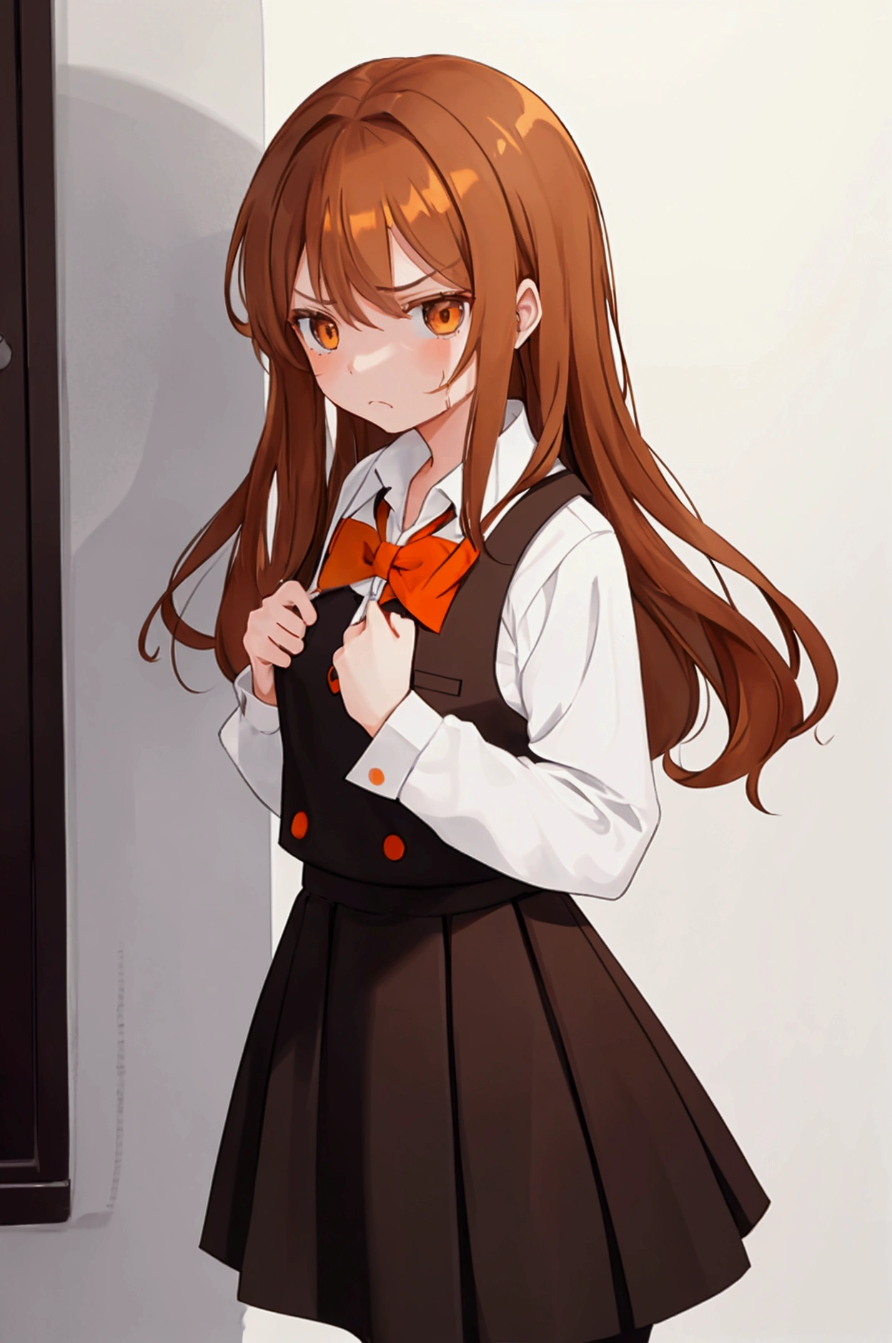 a girl looking frustrated and angry long light brown hair school dress( black and white ) , brown orange hair . brown eyes