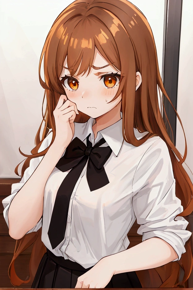 a girl looking frustrated and angry long light brown hair school dress( black and white ) , brown orange hair . brown eyes