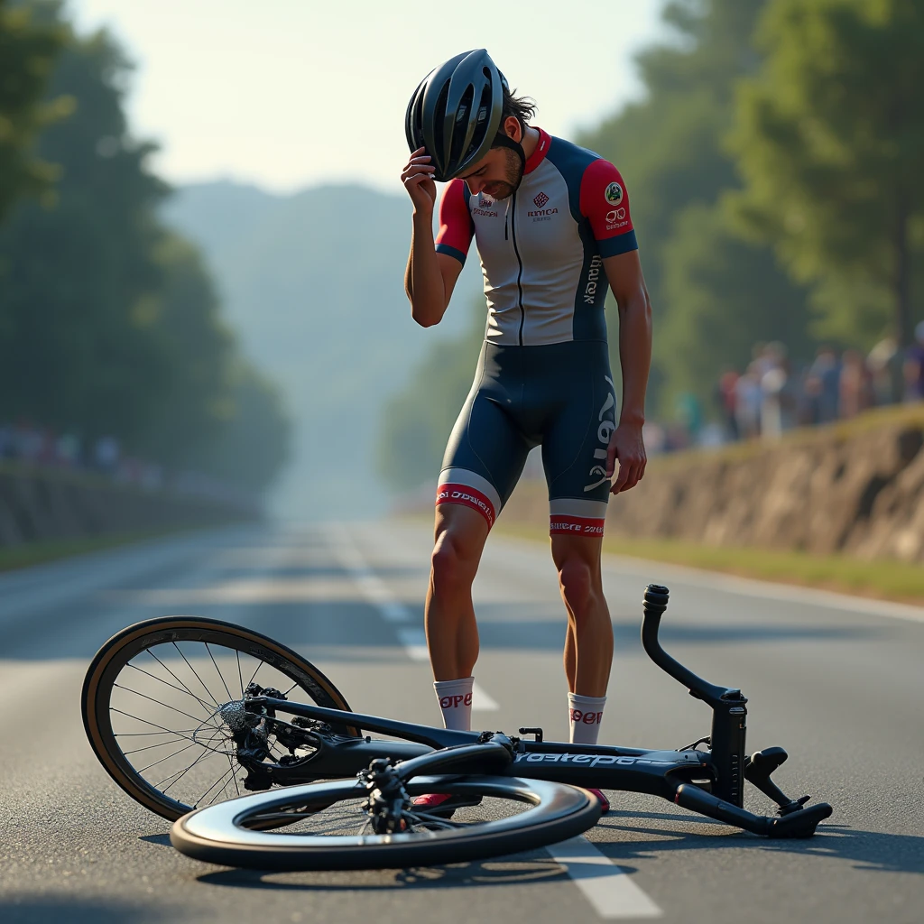Time trial bike rider falls during a race、The time trial bike has a flat tire and is now lying on the ground. The fallen rider stands there in shock.、Holding his head