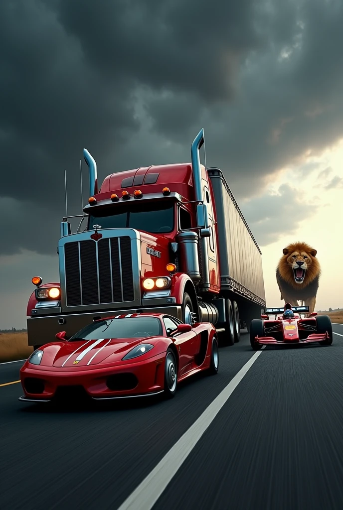 Big peterbilt truck on highway of ferrari along with a formula 1 car in the black weather and sky loin roaring in the back