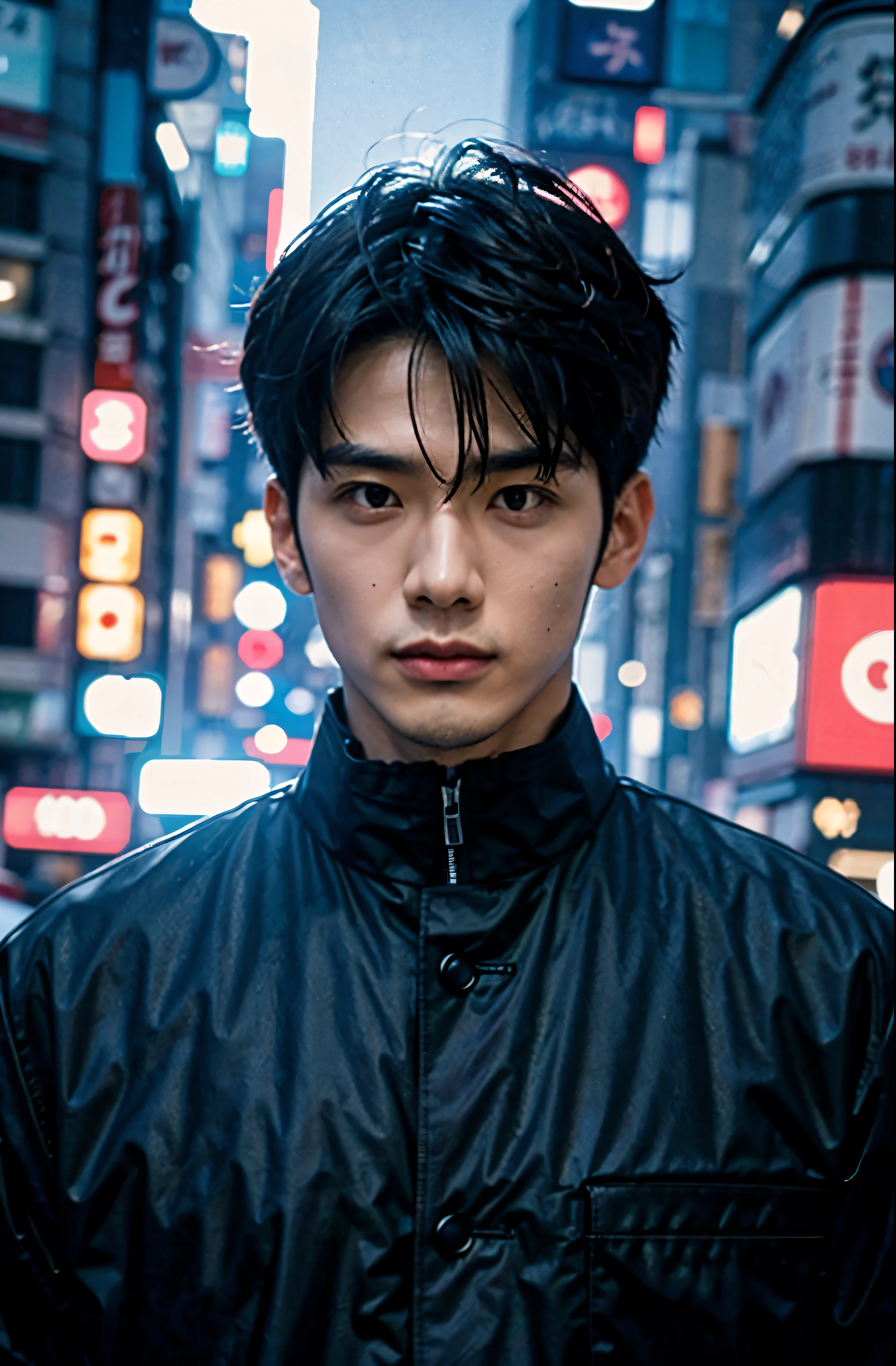 Photorealistic, 8K full-body poster, Japanese, 2 male, Serious expression, Sharp eyes, Attractive look, Detailed facial details, Rugged skeleton, Tokyo, Winters, Shibuya in the background