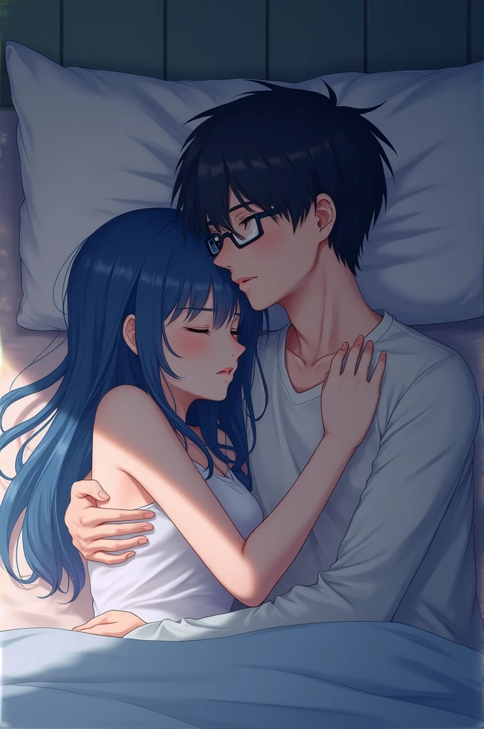 anime couple, asleep, She with long blue hair and he with short hair and wearing glasses