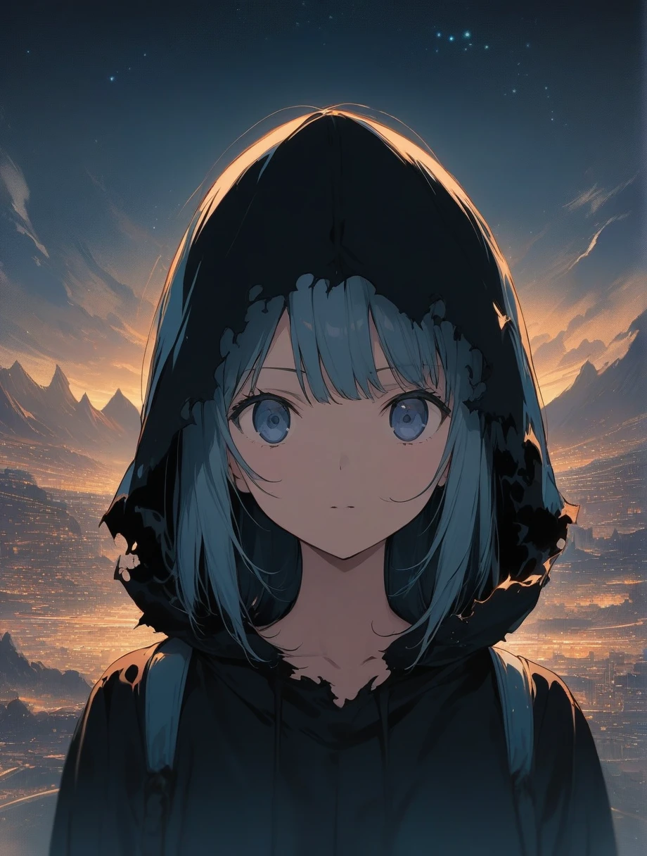 score_9, score_8_up, score_7_up, score_anime, masterpiece, top quality, delicate illustration, sharp lines, sharp focus, BREAK, a traveling girl wandering in the endless night world, the girl wears a hood and has a lot of stuff in her backpack, night , fantastic landscape, beautiful scenery, harmony with nature, spectacular view, space city, (((torn clothes))), (((torn hood)))