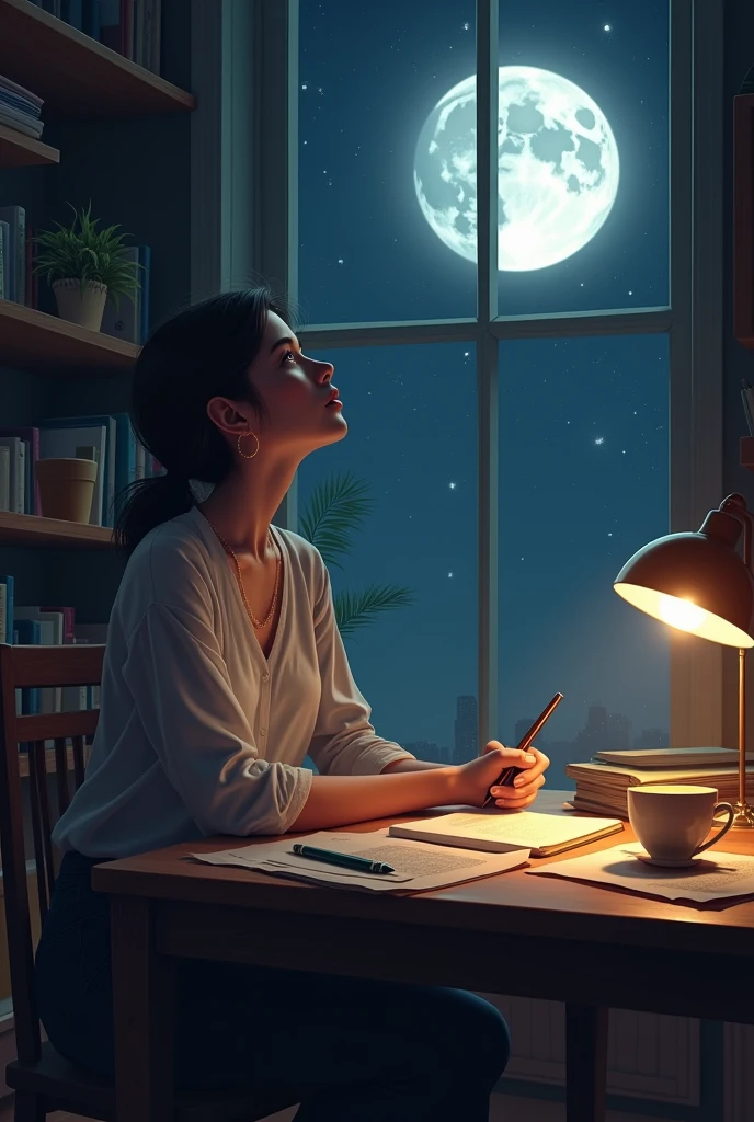 a writer ( women ) looking at the moon