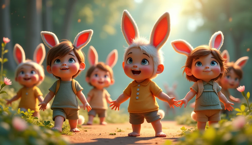 Transforming the Children into Animals
A dynamic scene where the children are in the process of transforming into various animals like rabbits, monkeys, and birds. Magical sparkles and light effects highlight the transformation process.3d animated
