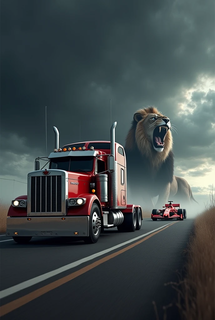Big peterbilt truck on highway of ferrari along with a formula 1 car in the black weather and sky loin roaring in the back 