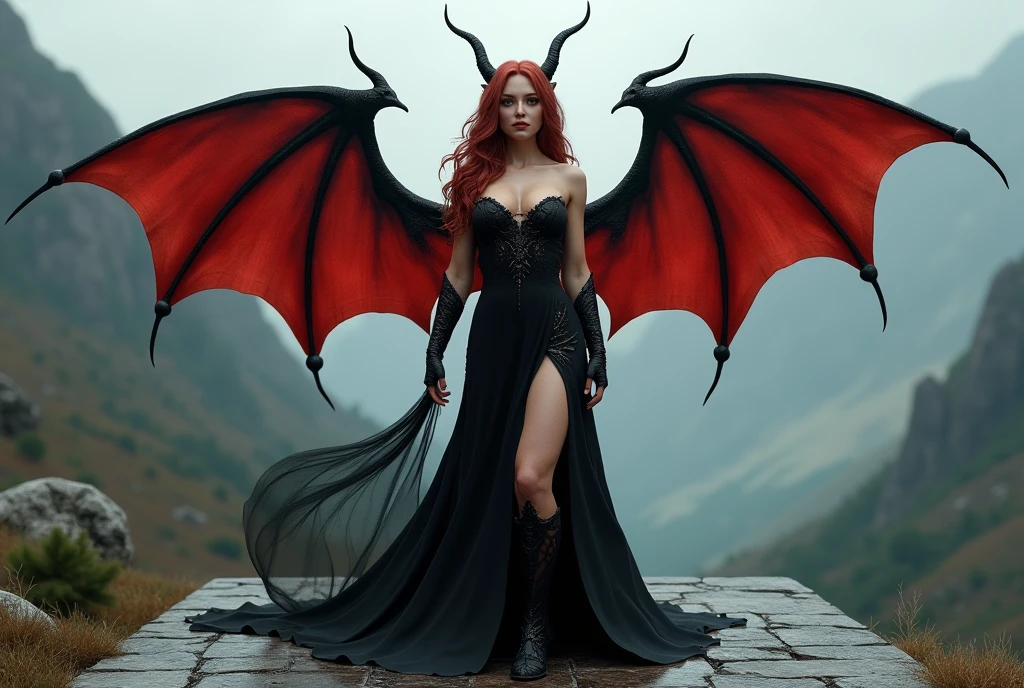 (photorealism:1.2), ((Sexy beautiful girl, cute, Russian beauty, 2, a thin fit body blonde)), ((Highest quality)), ((masterpiece)), (detailed), (((Very detailed))),(cinematic lighting:1.6), (draconian divine sorceress:1.8), Milky white skinned woman with strong and delicate facial features, (long red wavy hair:1.7), Red eyes with long pupils like a feline's that emit a magical and seductive aura, slim and curvy figure, (voluptuous and perfectly sculpted body:2.0), (bust firm and well proportioned:2.0), (pronounced and harmonious hips, accentuated by her elegant and provocative posture:2.0), (single horns, well defined:1.8), (majestic dragon wings, better definition and detail:2.0), (tailless:1.9), (Soft and luminous skin with a consistent medium brown tone), (ethereal and translucent black clothing, highlighting every curve and accentuating sensuality, eroticism and divinity of the character:2.0), (Deep and elegant neckline, showing the voluptuousness of the bust:1.8), (long legs, toned and sculpted:1.9), (Magical jewels that shine with the energy of the storm:1.7), (standing on an ancient stone platform, View from a greater distance to capture its entire body and wings in a vast mystical landscape of mountains and a castle in the background), (firm and powerful stance, showing his mastery and control over magic and mythical creatures.), (slightly transparent clothing, allowing you to see her soft and delicate skin without showing anything explicit.:1.8), (Extremely precise details on hands and feet:1.8), (High quality and realistic textures, without losing definition in the details of the body and wings:2.0).