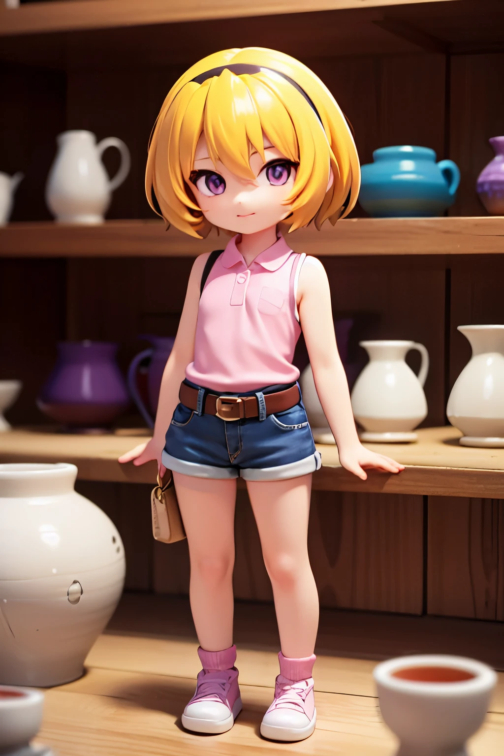 (Pottery), Museum, houjou_Satoko, 1 female, alone, Yellow Hair, blonde, Purple eyes, short hair, hair band, Flat chest, , Collared shirt,Sleeveless shirt,Pink Shirt, White Belt, Denim shorts,,  Chibi Figures, 