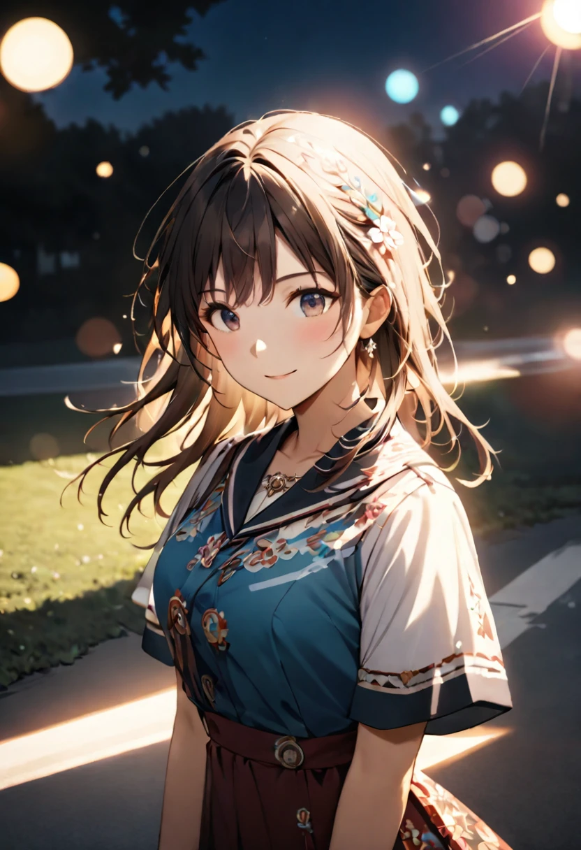 Highest quality,Delicate illustration,Detailed depiction, masterpiece, Boho Eye Hinai Girl, Playful Themes, Group of 2、Two girls、High school girls、Same uniform、Raw photo of a girl in uniform。Decorative details and symbols are often used。, Brown hair gently fluttering in the wind,Clear blue eyes、great joy、Raw photo of a girl in uniform。Decorative details and symbols are often used。, Black hair gently fluttering in the wind,Clear red eyes、A gentle smile、 Long-distance shots, High Key Light, Hard Shadows, Soft bokeh, Professional photography, A balanced deal, Balanced Exposure,