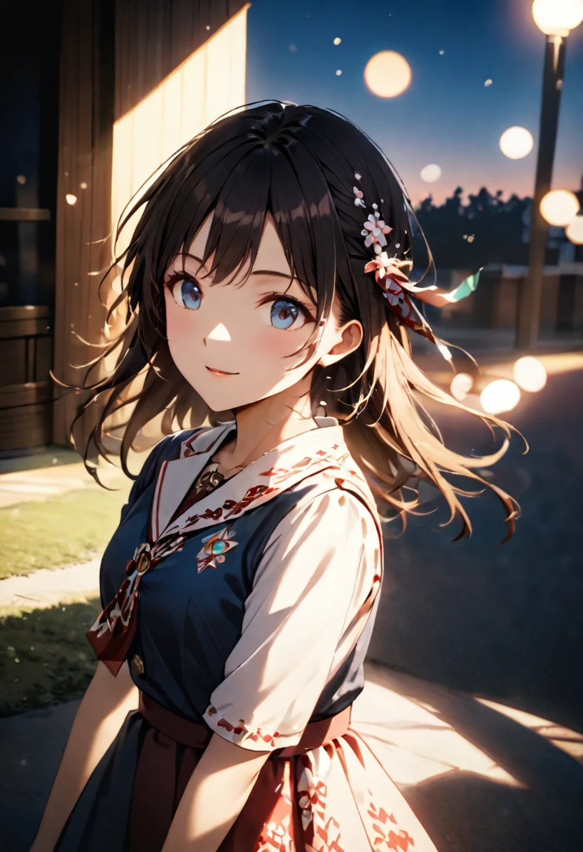 Highest quality,Delicate illustration,Detailed depiction, masterpiece, Boho Eye Hinai Girl, Playful Themes, Group of 2、Two girls、High school girls、Same uniform、Raw photo of a girl in uniform。Decorative details and symbols are often used。, Brown hair gently fluttering in the wind,Clear blue eyes、great joy、Raw photo of a girl in uniform。Decorative details and symbols are often used。, Black hair gently fluttering in the wind,Clear red eyes、A gentle smile、 Long-distance shots, High Key Light, Hard Shadows, Soft bokeh, Professional photography, A balanced deal, Balanced Exposure,