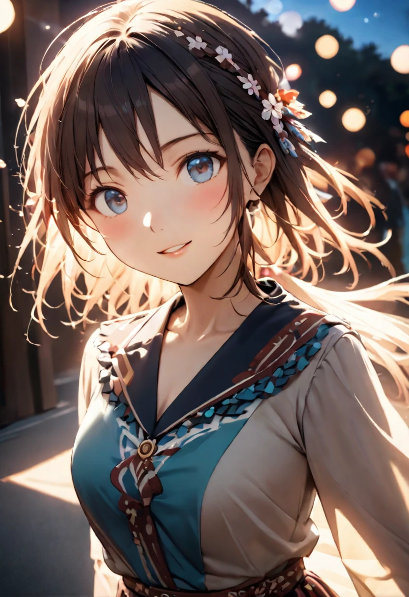Highest quality,Delicate illustration,Detailed depiction, masterpiece, Boho Eye Hinai Girl, Playful Themes, Group of 2、Two girls、High school girls、Same uniform、Raw photo of a girl in uniform。Decorative details and symbols are often used。, Brown hair gently fluttering in the wind,Clear blue eyes、great joy、Raw photo of a girl in uniform。Decorative details and symbols are often used。, Black hair gently fluttering in the wind,Clear red eyes、A gentle smile、 Long-distance shots, High Key Light, Hard Shadows, Soft bokeh, Professional photography, A balanced deal, Balanced Exposure,