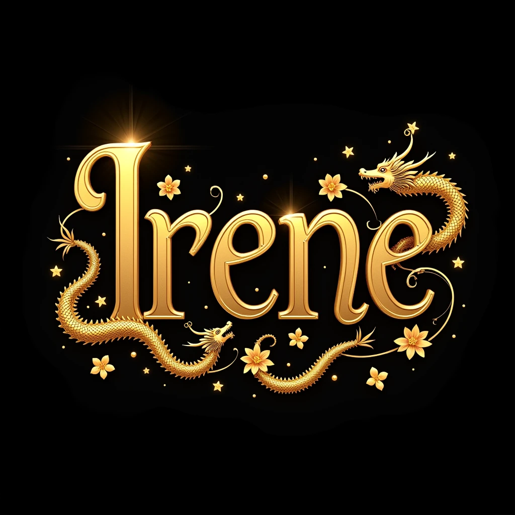 An amazing and beautiful logo illustration of the text that says "irene"Golden letters written in a beautiful font, decorated with shiny golden Thai scrollwork, golden dragons, Thai temples, golden flowers in 3D style, black and gold background.