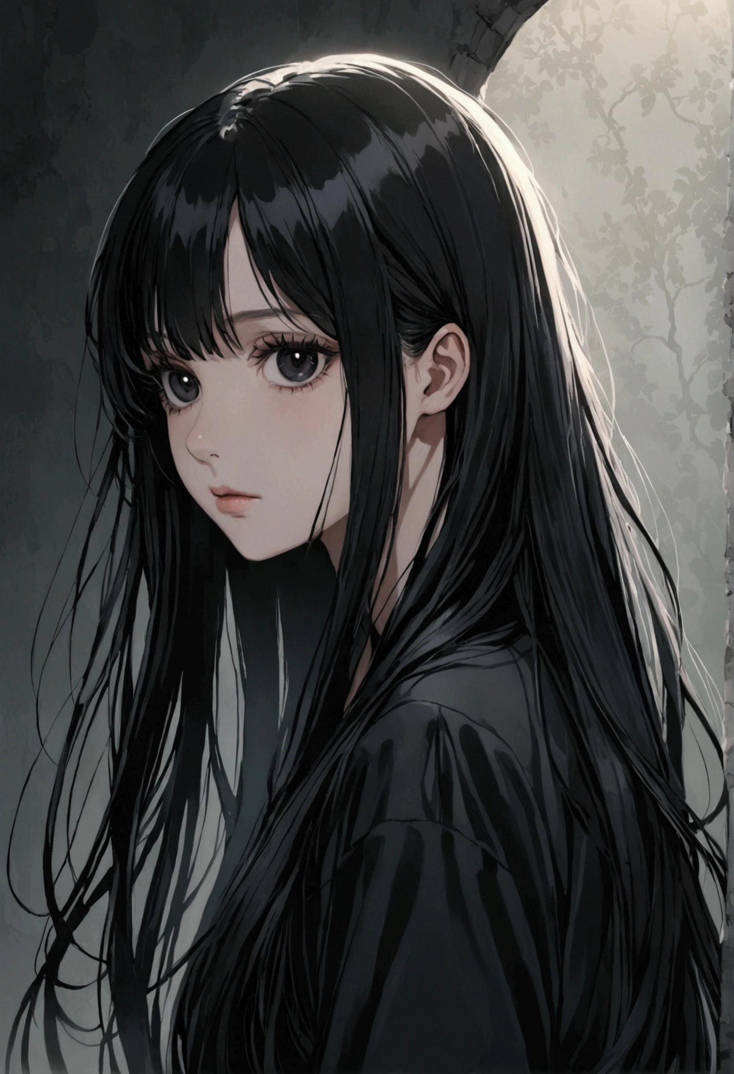 Black long hair girl with black eyes