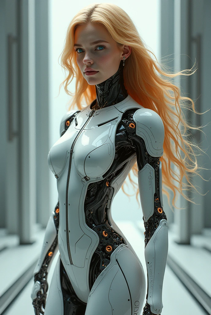 Create an image of a beautiful 1 blonde girl with a futuristic style, incorporating mechanical robot parts into her design. The artwork should blend human and robotic elements seamlessly, showcasing a sleek, advanced appearance with metallic and high-tech features.