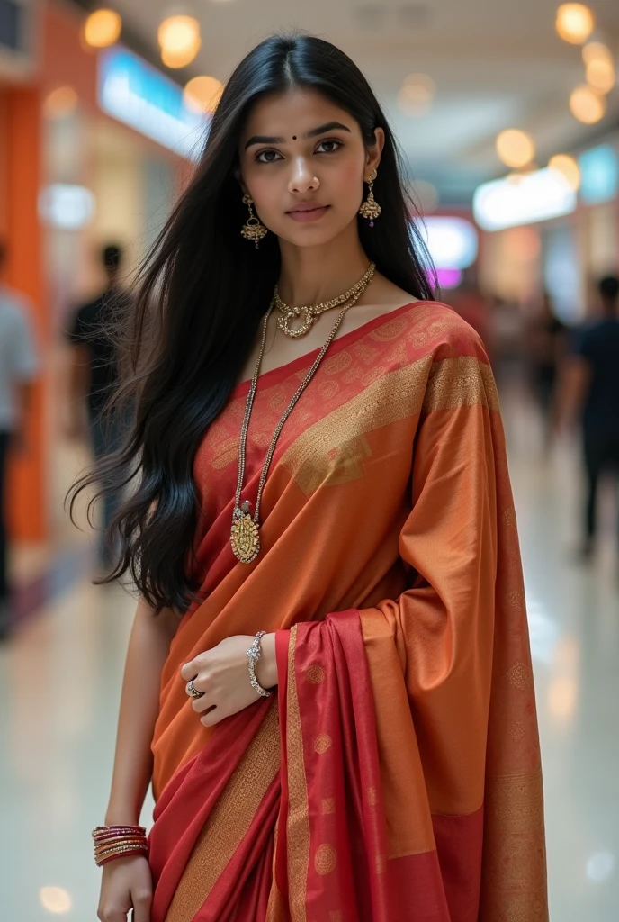 A beautiful hot indian cute indian teenagers girl, city girl, 1, Instagram model long black hair, in a mall, on a saare