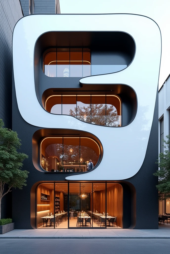 Restuarant facade architecture , a view of parametric 4th floors resturant facade with larg window , main material by glossy white wall and black stone and wood, RAW photo, real, best quality, masterpiece:1.2), look morden parametric , shime ring light, light brighteness from indoor:1.2, dynamic lighting: 1.3, (hyper realistic, photo-realistic:1.2), high quality, day lighht, hight contrast :0.5 perfect lighting, archdaily, award winning parametric, masterpiece, well-designed masterpiece, 