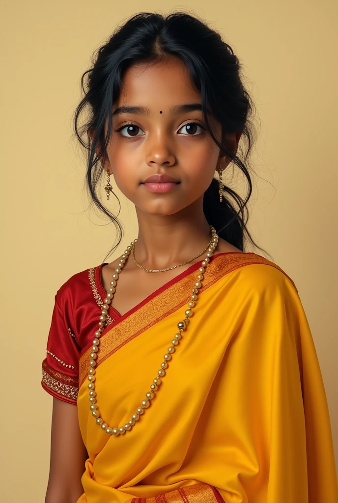 Create a image of a Bengali girl. She is a teenager, wearing a yellow saree. On her face, above her lips there is a small mole. Her lips are red and her eyes are elongated and beautiful. Her nose is sharp and skin complexion is medium white. Generate a full length picture.
