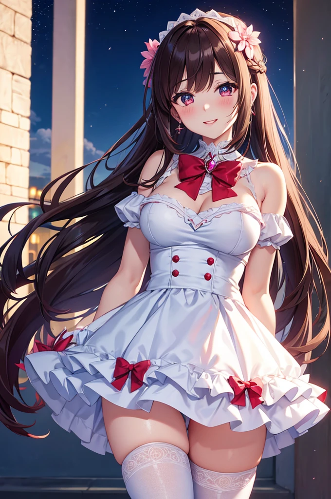 A beautiful girl in a short white and pink dress posing on a balcony, outside, night, (magical girl cosplay), fluffy layered skirt, thigh highs, big rounds breasts, dark brown hair, long bangs, french braid, long hair, wavy hair, shiny hair, hairclip, hair flower, big red bow for hair, red bow choker, aqua eyes, glowing eyes, pupils sparkling, beautiful detailed eyes, earrings, smile, blush, expressions, smiley, happy, red lips, high detail, anime, anime style, depth of field, cinematic lighting, natural lighting, dithering, image fill, multiple views, first-person view, perspective, panorama, Wide-Angle, f/1.8, 85mm, Sony FE, 8k, super detail, UHD, retina, masterpiece, accurate, anatomically correct, textured skin, high details, best quality, highres, 16k