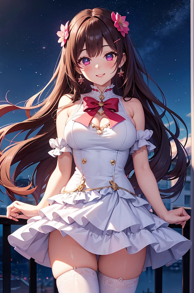 A beautiful girl in a short white and pink dress posing on a balcony, outside, night, (magical girl cosplay), fluffy layered skirt, thigh highs, big rounds breasts, dark brown hair, long bangs, french braid, long hair, wavy hair, shiny hair, hairclip, hair flower, big red bow for hair, red bow choker, aqua eyes, glowing eyes, pupils sparkling, beautiful detailed eyes, earrings, smile, blush, expressions, smiley, happy, red lips, high detail, anime, anime style, depth of field, cinematic lighting, natural lighting, dithering, image fill, multiple views, first-person view, perspective, panorama, Wide-Angle, f/1.8, 85mm, Sony FE, 8k, super detail, UHD, retina, masterpiece, accurate, anatomically correct, textured skin, high details, best quality, highres, 16k
