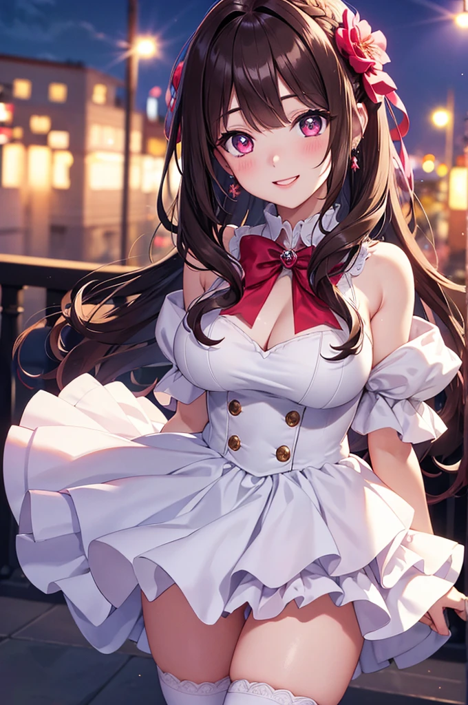 A beautiful girl in a short white and pink dress posing on a balcony, outside, night, (magical girl cosplay), fluffy layered skirt, thigh highs, big rounds breasts, dark brown hair, long bangs, french braid, long hair, wavy hair, shiny hair, hairclip, hair flower, big red bow for hair, red bow choker, aqua eyes, glowing eyes, pupils sparkling, beautiful detailed eyes, earrings, smile, blush, expressions, smiley, happy, red lips, high detail, anime, anime style, depth of field, cinematic lighting, natural lighting, dithering, image fill, multiple views, first-person view, perspective, panorama, Wide-Angle, f/1.8, 85mm, Sony FE, 8k, super detail, UHD, retina, masterpiece, accurate, anatomically correct, textured skin, high details, best quality, highres, 16k