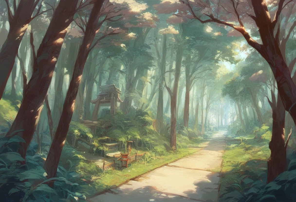 Close-up of a path with a bridge in the forest, Digital rendering inspired by Sesshu Toyo, Flicker, creation, In the quiet forest, japan lush forest, a green gold forest in japan, peaceful lushious forest, Entrance to the spirit world, Beautiful ancient forest, Near a Japanese shrine