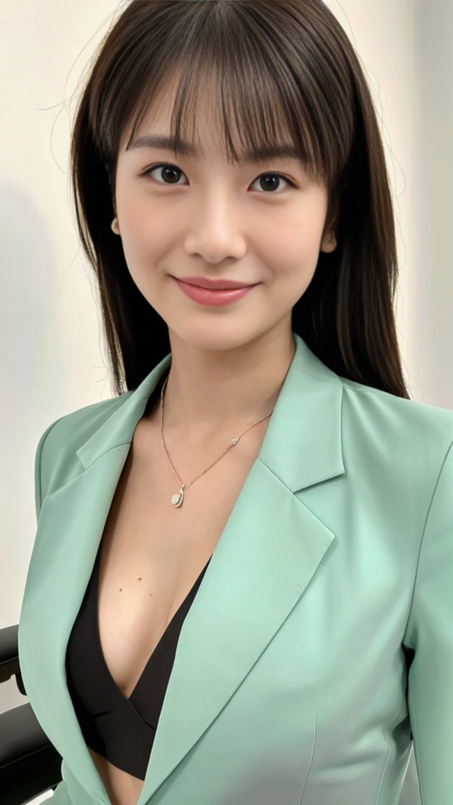 (top-quality, 16K, masterpiece:1.3), (ultra detailed), (masterpiece) raw photo, photo realistic, (best quality), Highest quality, Realistic, surreal, Highest quality, Extremely detailed CG, Very delicate, 16K wallpaper, High resolution, A female manager working for a top company, 3, ((Light makeup)), ((There is a mole on the face that is considered seductive:1.1)), ((adorable dimples)), ((UNTITLED business suits)), ((A very simple necklace)), ((Japanese office at night)), ((sitting in an office chair)), Japanese, slender body, ((flat chest:1.5)), detailed skin, very detailed, detailed fingers, detailed hands, detailed eyes, detailed legs, accurate and perfect human anatomy, real human skin, BREAK ((upper body)), ((look into the viewer's eyes)), ((looking at viewer)), ((Front view)), ((from front)),