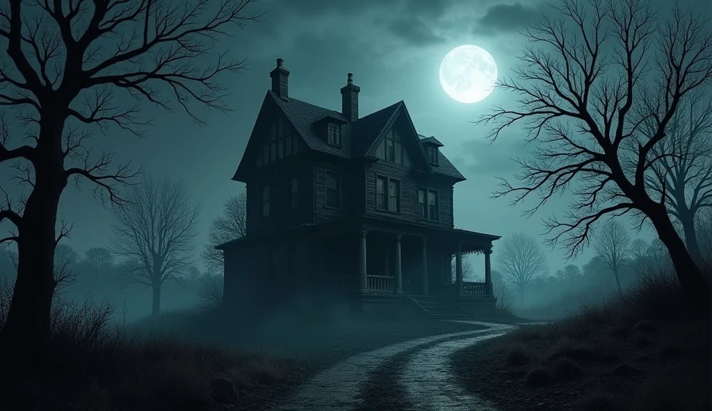 Create a dark, foreboding night scene featuring an old, decrepit mansion on the edge of a deserted village. The mansion should look abandoned with broken windows and overgrown vegetation. The moonlight should cast eerie shadows, with gnarled, leafless trees surrounding the mansion. The overall atmosphere should be unsettling and ominous.